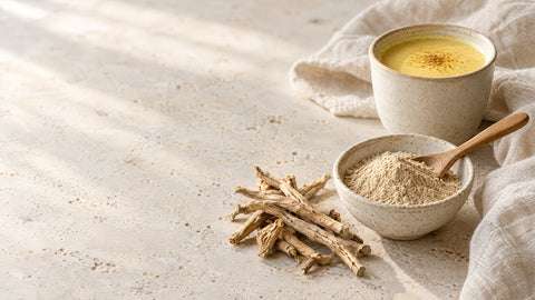 Ashwagandha-Wurzeln und Ashwagandha-Pulver in einer Keramikschale neben einer Tasse warmer Mondmilch