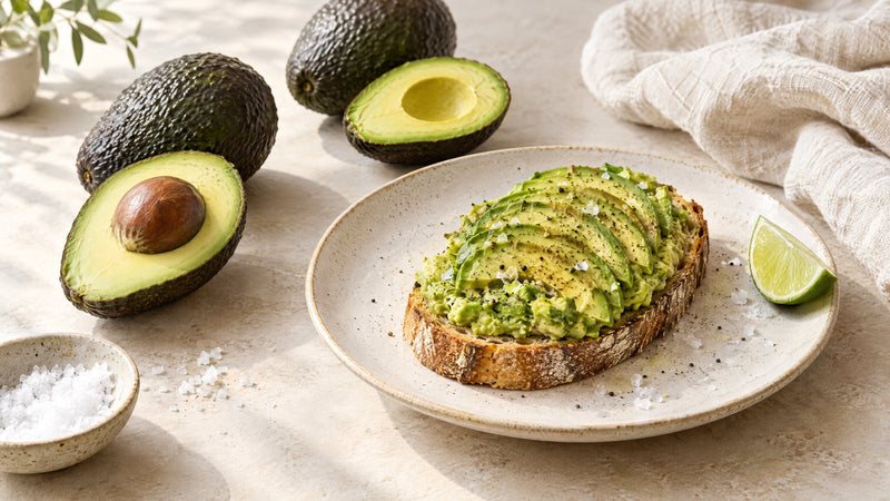 Halbierte Avocado mit Kern und Avocado-Toast auf einem Keramikteller