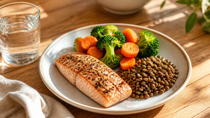 Ausgewogener Teller mit Lachs, Linsen, Brokkoli und Karotten neben einem Glas Wasser