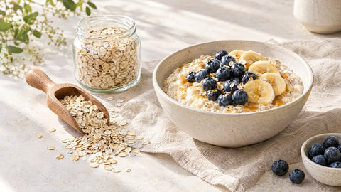 Schale Haferbrei mit Heidelbeeren, Banane und Honig neben einem Glas Haferflocken