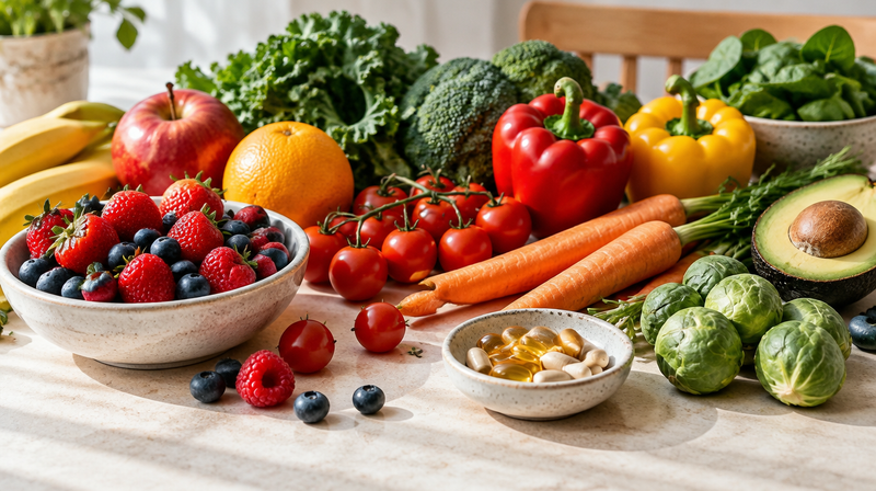 Buntes Obst und Gemüse mit einer kleinen Schale Kapseln auf einem hellen Tisch