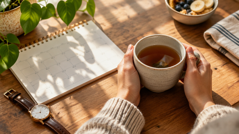 Hände halten eine Tasse Tee am sonnigen Tisch, daneben Kalender und Armbanduhr