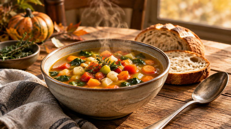 Schüssel mit bunter Gemüsesuppe und Brot auf einem rustikalen Holztisch