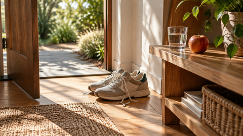 Sneaker an einer sonnigen Tür, daneben ein Glas Wasser und ein Apfel