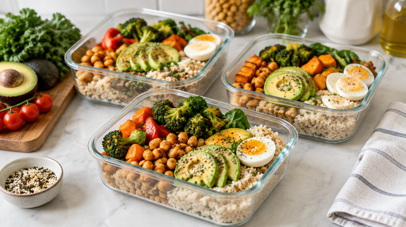 Bunte Meal-Prep-Boxen mit Gemüse, Kichererbsen, Reis und Eiern auf einer Küchentheke