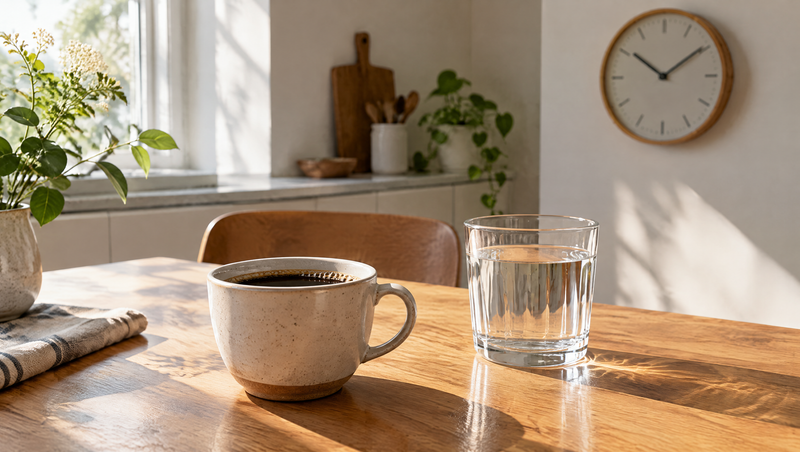 Tasse schwarzer Kaffee neben einem Glas Wasser und einer Uhr auf einem Küchentisch