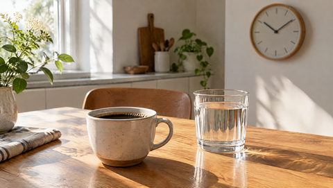 Tasse schwarzer Kaffee neben einem Glas Wasser und einer Uhr auf einem Küchentisch