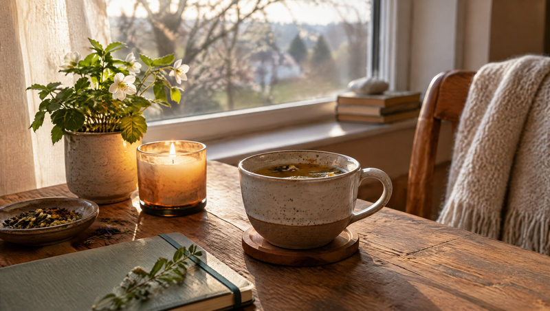 Gemütlicher Tisch mit Kräutertee, Kerze und kleiner Pflanze am Fenster am frühen Morgen