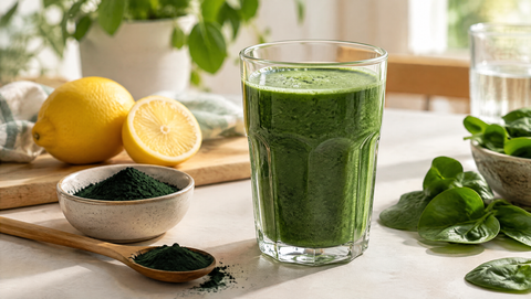 Grüner Spirulina Smoothie im Glas mit Spirulina-Pulver und Zitrone