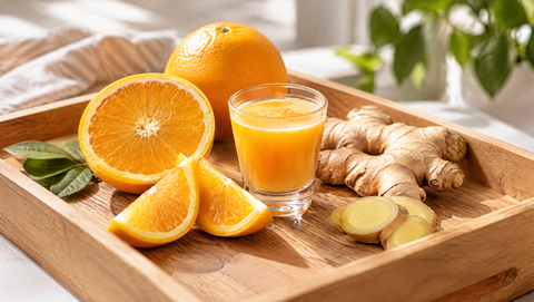 Frische Orangenscheiben, Ingwer und ein kleines Glas Orangen-Ingwer-Shot auf einem Holztablett