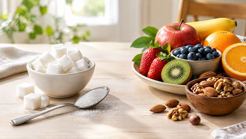 Zuckerwürfel und Zucker auf einer Seite, frisches Obst und Nüsse auf der anderen Seite eines hellen Tischs