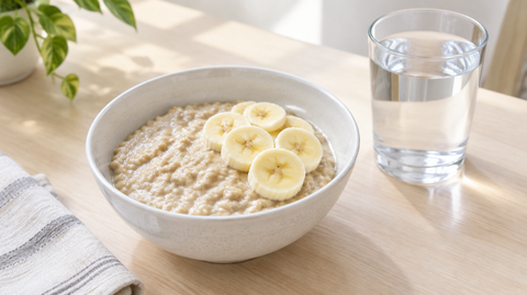Schale Haferbrei mit Bananenscheiben und ein Glas Wasser