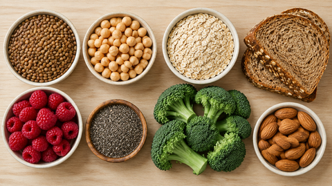 High-fibre foods such as lentils, chickpeas, oats, wholegrain bread and berries on wood