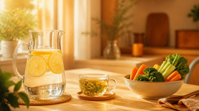 Wasserkrug mit Zitrone, Kräutertee und Gemüse auf einem hellen Holztisch