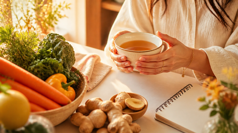 Hands holding a cup of tea at a sunny table with vegetables, ginger and notebook