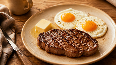 Teller mit Steak, Eiern und Butter auf einem rustikalen Holztisch