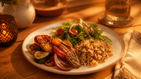 Leichtes Abendessen mit gegrilltem Gemüse, Quinoa und Salat auf einem Holztisch