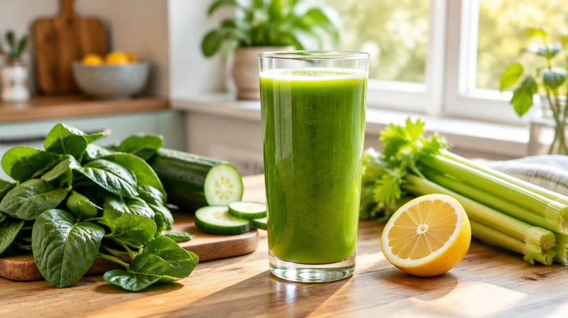 Hohes Glas grüner Saft mit Spinat, Gurke, Sellerie und Zitrone auf einem hellen Küchentisch