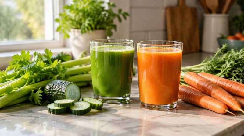 Gläser mit grünem und orangem Gemüsesaft, daneben Sellerie, Karotten und Gurke