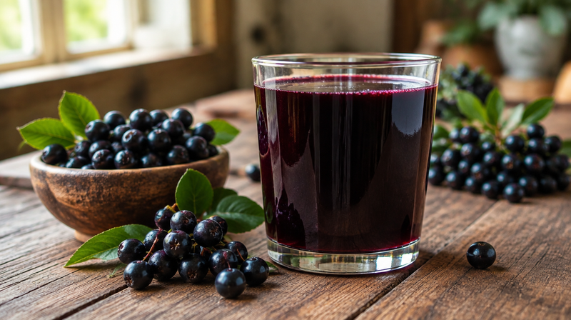 Glas dunkelvioletter Aroniasaft mit frischen Aroniabeeren auf einem Holztisch