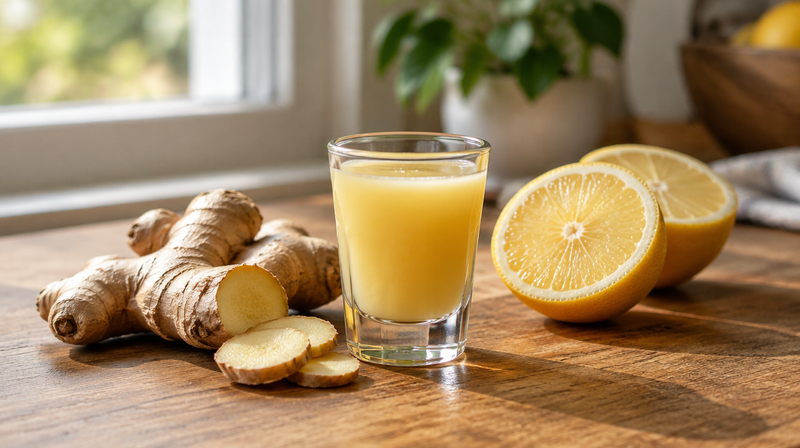 Kleines Glas Ingwer-Shot mit frischer Ingwerwurzel und Zitronenhälften auf einem Küchentisch