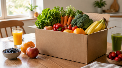 Küchentisch mit einer Kiste frischem Gemüse und Obst sowie Gläsern mit Saft