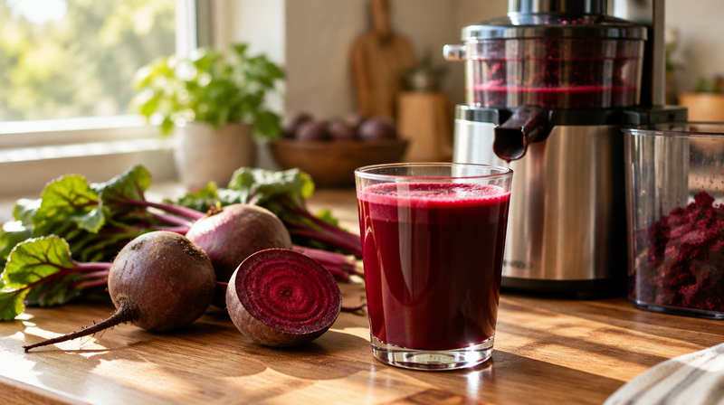 Glas roter Bete-Saft mit frischen Roten Beten und einem Entsafter auf der Küchentheke