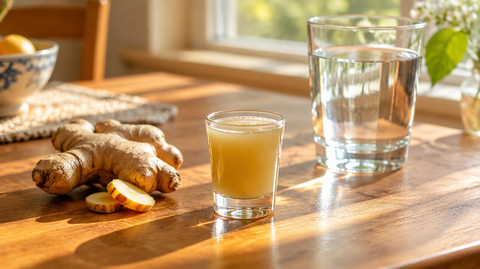Ingwer-Shot auf dem Frühstückstisch in der Morgensonne mit Ingwerwurzel und Wasserglas