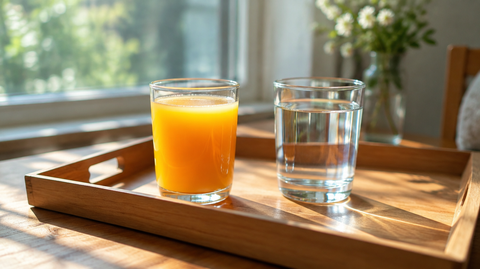 Glas frischer Saft und Wasserglas auf einem Holztablett im Morgenlicht
