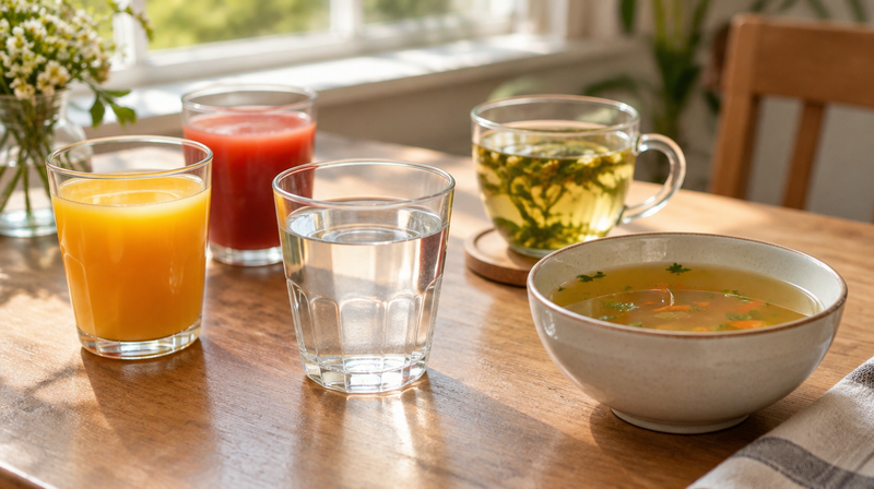 Tisch mit Saftgläsern, Wasserglas, Kräutertee und einer Schale klarer Gemüsebrühe