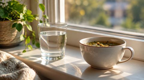 Ruhige Morgenszene mit Wasserglas und Kräutertee auf einer Fensterbank
