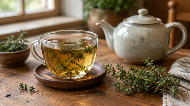 Tasse Thymiantee mit frischen Thymianzweigen und Teekanne auf einem Holztisch
