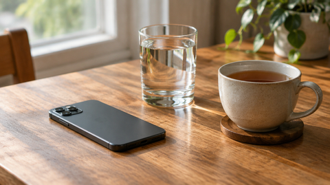 Smartphone neben einem Glas Wasser und einer Tasse Tee auf einem Holztisch