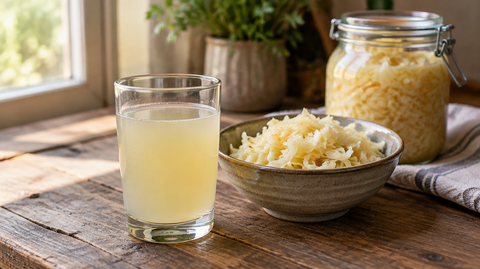 Glas Sauerkrautsaft mit einer Schale Sauerkraut und einem Einmachglas auf einem Holztisch