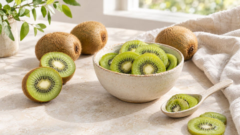 Ganze und halbierte Kiwis und Kiwischeiben in einer Keramikschale