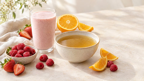 Rosa Smoothie, Schale mit Knochenbrühe, Himbeeren, Erdbeeren und Orangen als Lebensmittel für Kollagen