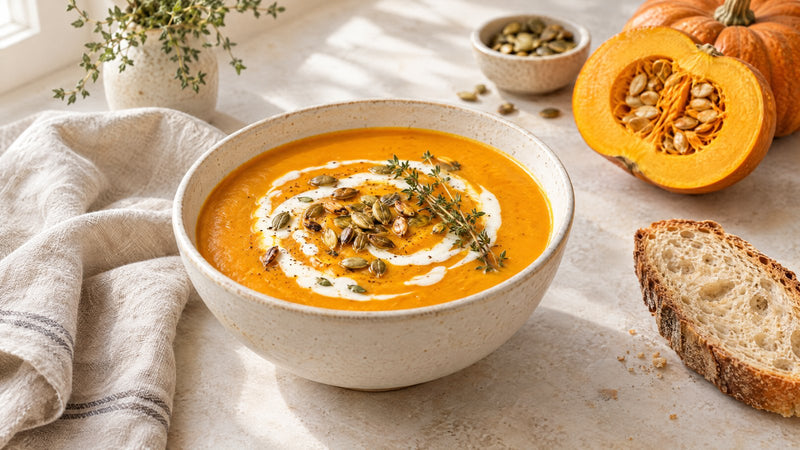 Bowl of creamy pumpkin soup with cream, pumpkin seeds and thyme next to bread