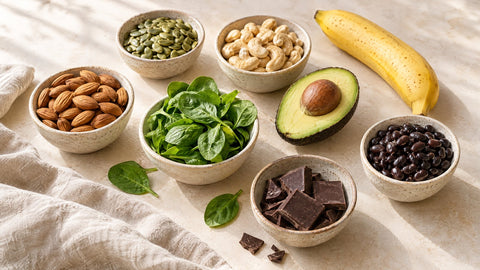 Magnesiumreiche Lebensmittel: Mandeln, Kürbiskerne, Cashews, Spinat, Avocado, Banane, schwarze Bohnen und Zartbitterschokolade