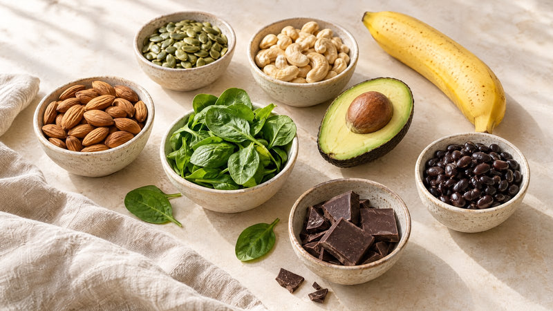Magnesiumreiche Lebensmittel: Mandeln, Kürbiskerne, Cashews, Spinat, Avocado, Banane, schwarze Bohnen und Zartbitterschokolade
