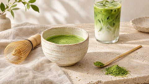 Matcha-Tee in einer Keramikschale mit Bambusbesen und ein Iced Matcha Latte