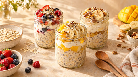 Drei Gläser Overnight Oats mit Joghurt, Beeren, Mango, Banane und Nüssen