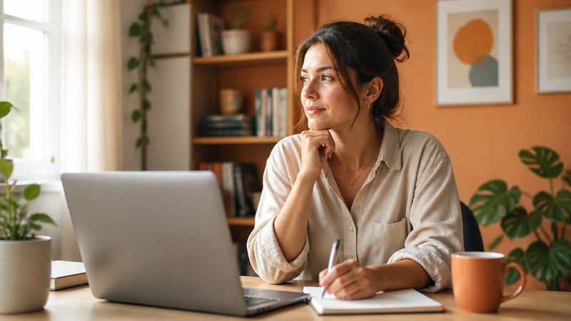 Nachdenkliche Frau am Schreibtisch mit Laptop und Notizbuch