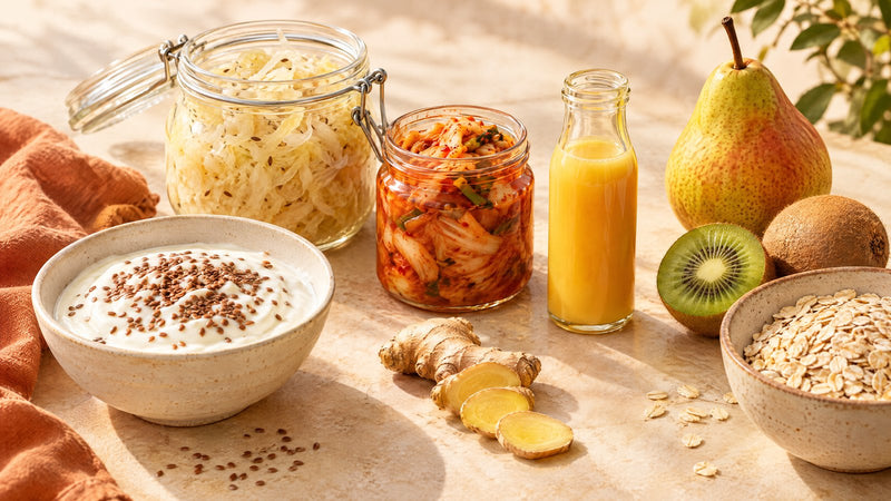 Lebensmittel für eine gesunde Verdauung: Joghurt mit Leinsamen, Sauerkraut, Kimchi, Ingwer, Birne, Kiwi und Haferflocken