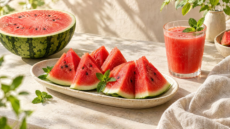 Wassermelonenstücke auf einer Platte, halbe Wassermelone und Wassermelonensaft mit Minze