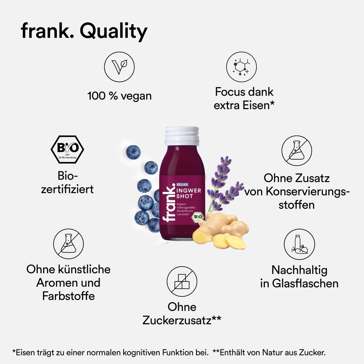 Qualitätsmerkmale des frank Ingwer Shots Lavender Skies wie vegan und bio zertifiziert