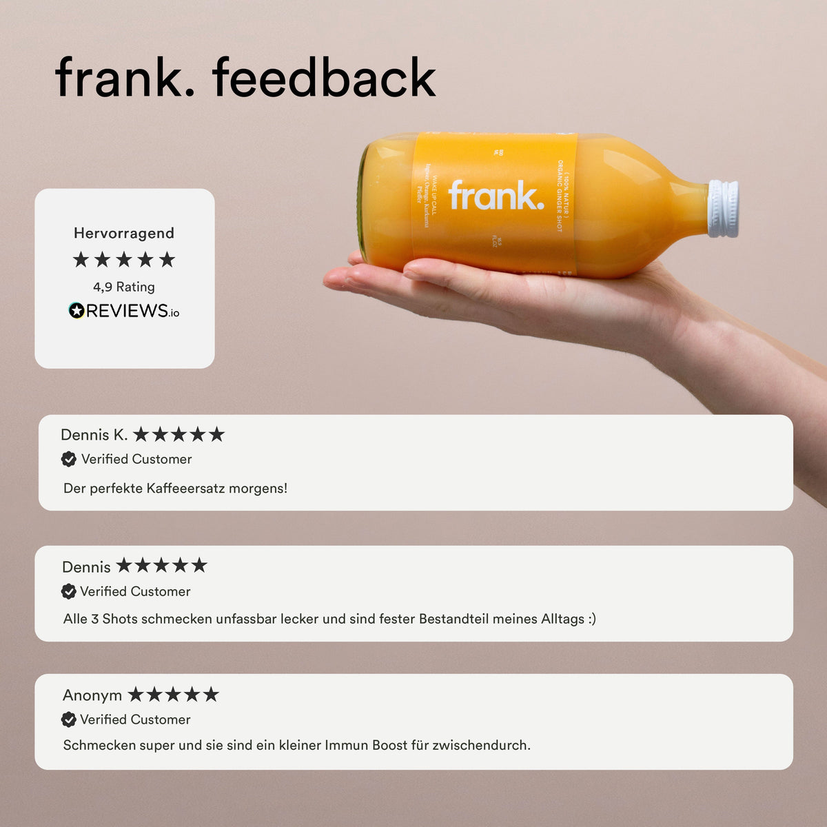 Hand hält die frank Wake Up Call Flasche, daneben Kundenbewertungen mit fünf Sternen
