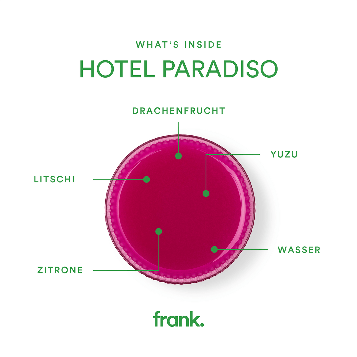 Hotel Paradiso juice with lychee, dragon fruit, yuzu and lemon in a glass from frank