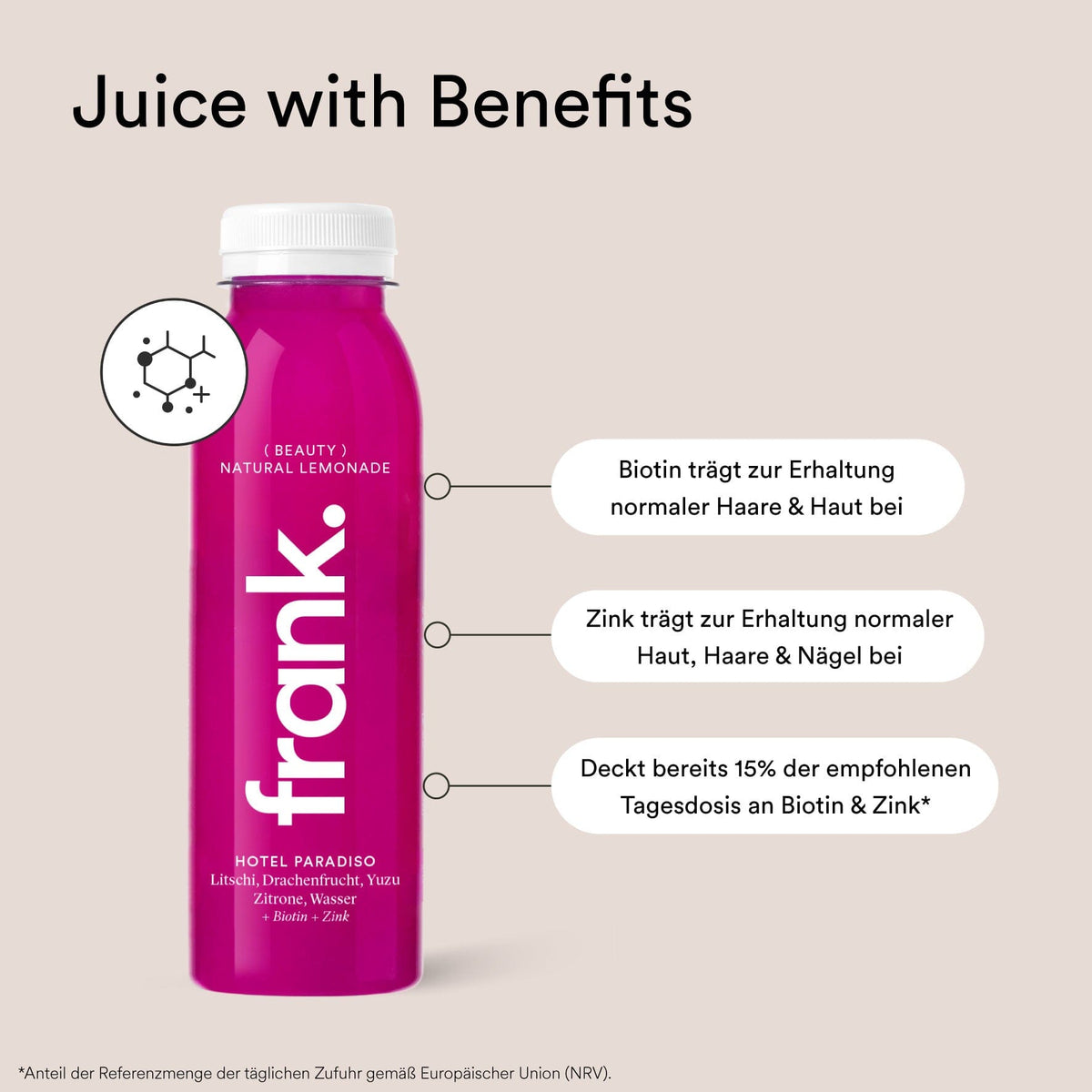 Infographic on the juice bottle Hotel Paradiso with biotin and zinc
