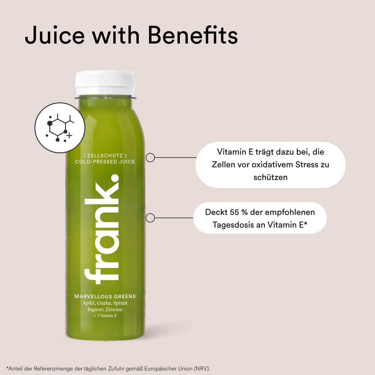 Infografik zur Saftflasche Marvellous Greens mit Vitamin E