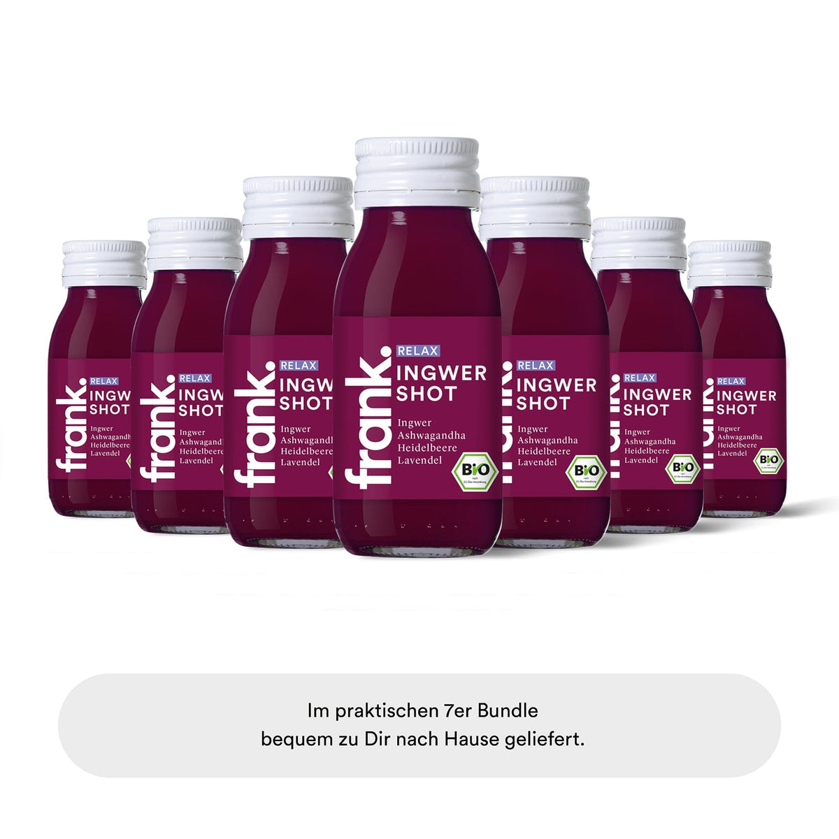 Sieben Bio Ingwer Shots Relax von frank als Bundle in einer Reihe